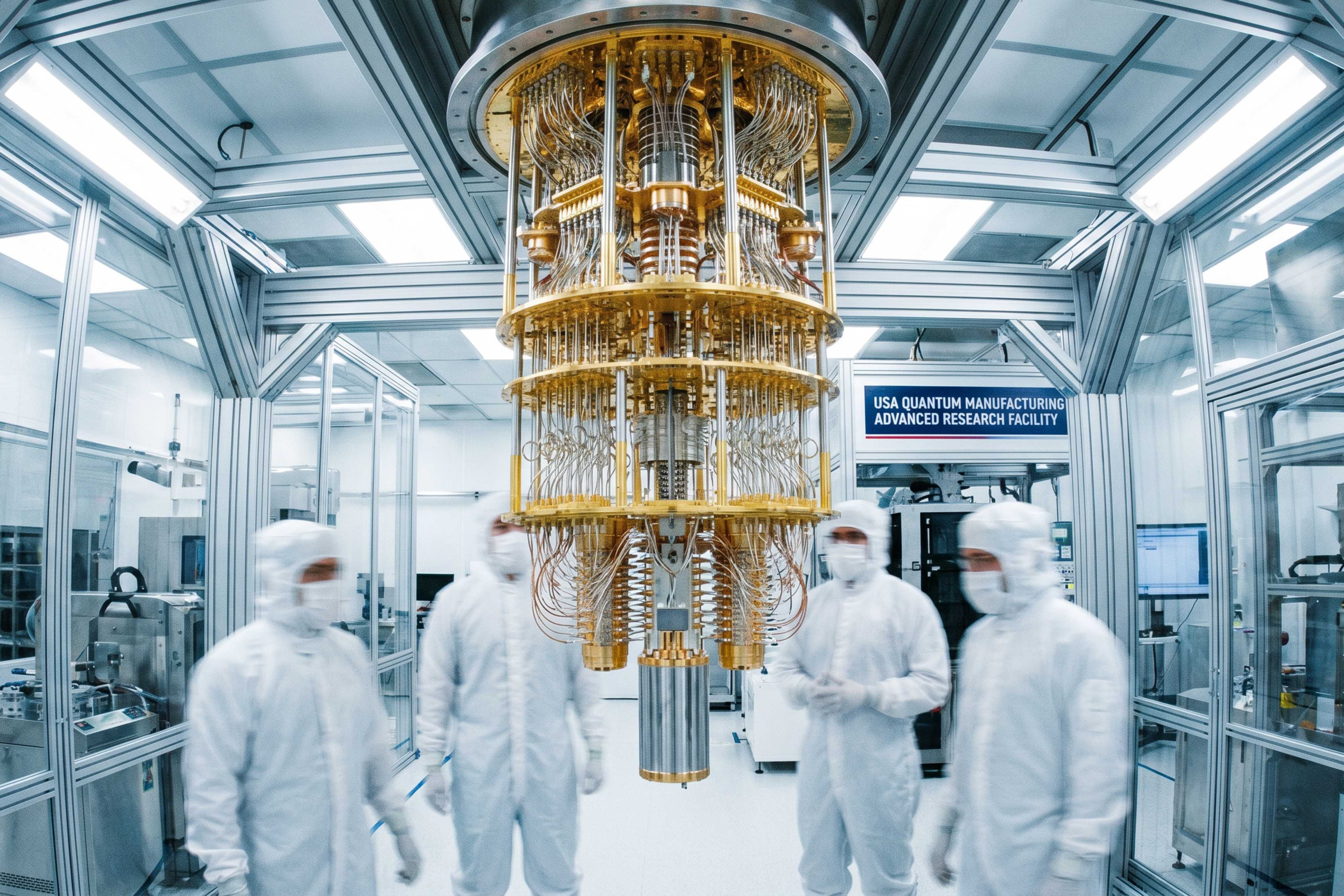無塵室（クリーンルーム）の中央で黄金に輝くシャンデリア型の量子コンピューターコアを組み立て・検査している、最先端の米国の量子製造現場を写したリアルな画像