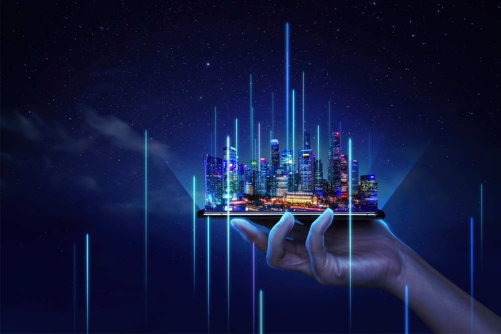 現代の都市景観と通信ネットワークコンセプト