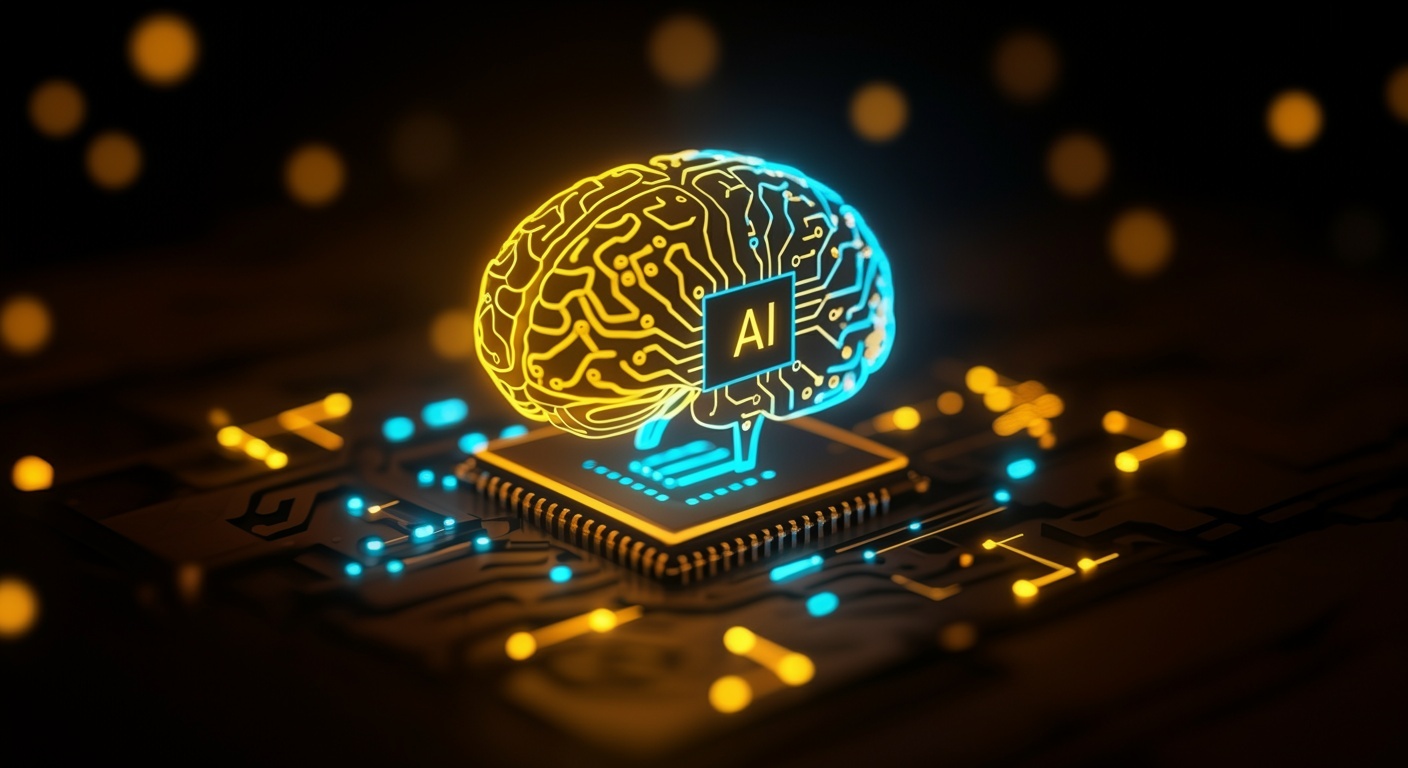 Abstract digital brain with AI chip and circuit in blue